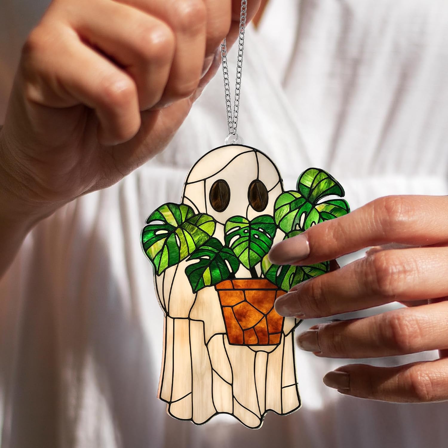Halloween Stained Glass Ghost Plant Ornament, Suncatcher Decor