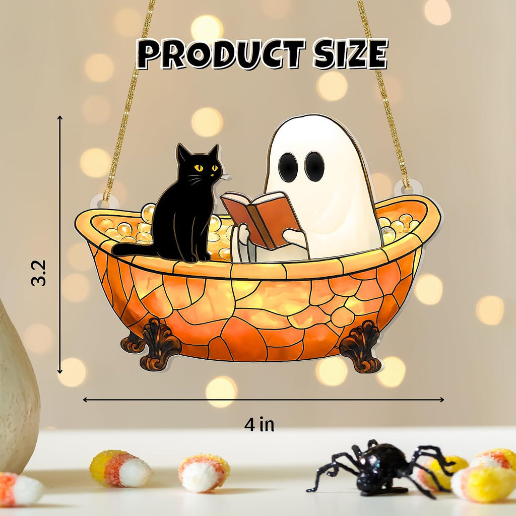 Ghost Suncatcher Halloween Window Decor – Cute Acrylic Ghost Reading in Bathtub with Cat – Spooky Handmade Ornament, Bookish Gift, Small Funny Decoration for Home or Reader Gifts (Style 4)