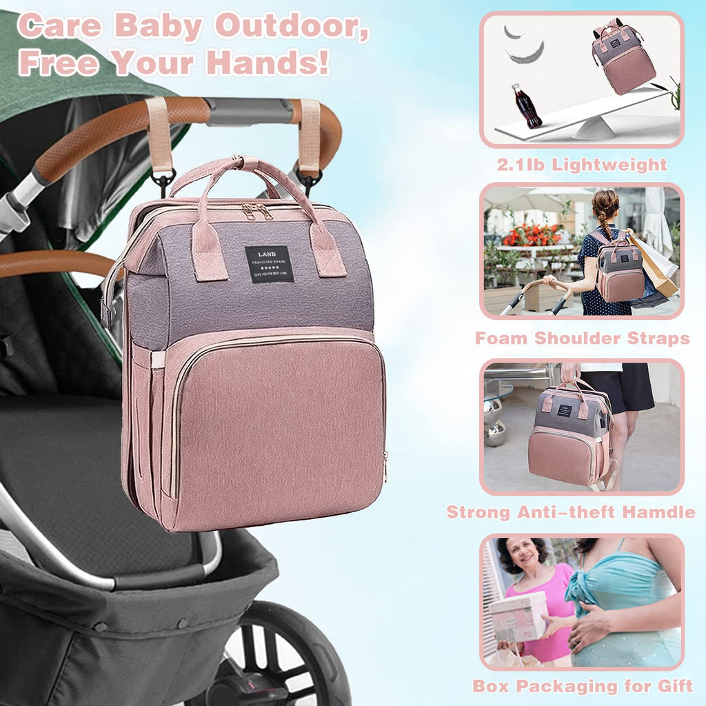 Baby Diaper Bags Backpack with Changing Station(Pink-Grey)