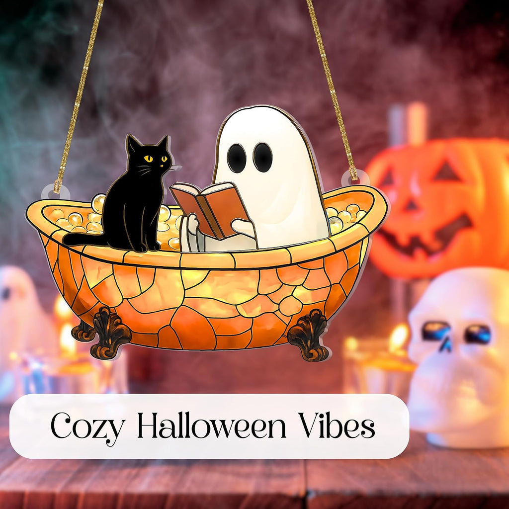Ghost Suncatcher Halloween Window Decor – Cute Acrylic Ghost Reading in Bathtub with Cat – Spooky Handmade Ornament, Bookish Gift, Small Funny Decoration for Home or Reader Gifts (Style 4)