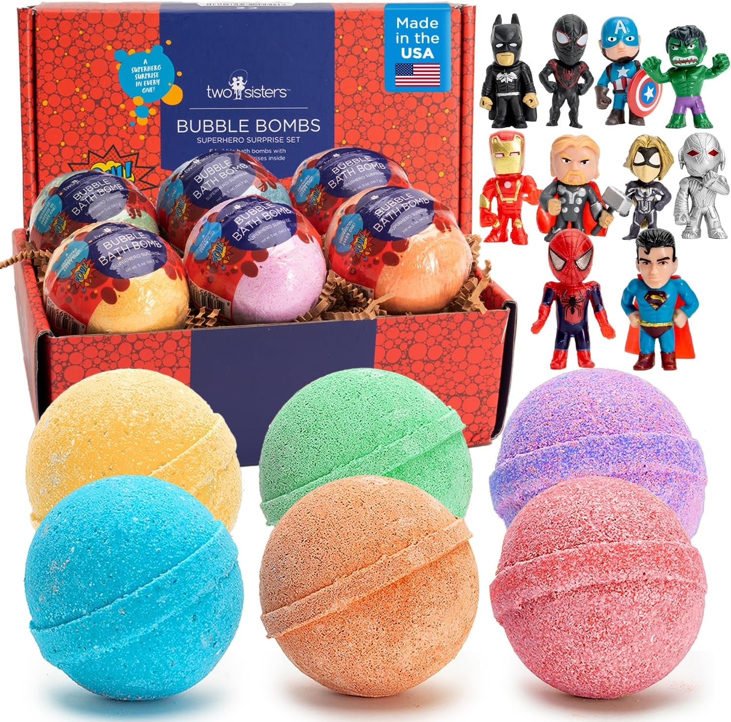 Superhero Bath Bombs for Kids with Surprise Hero Toys Inside, 6 Pack