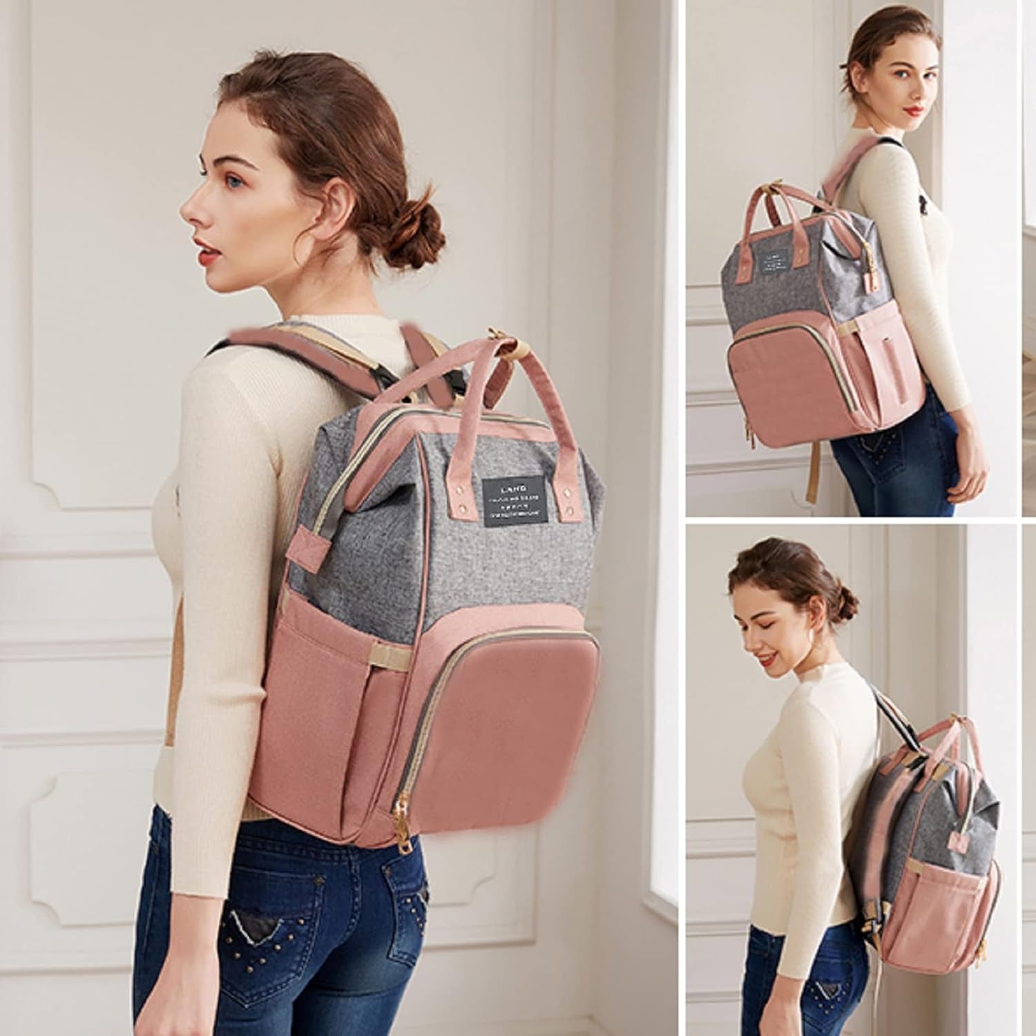 Baby Diaper Bags Backpack with Changing Station(Pink-Grey)