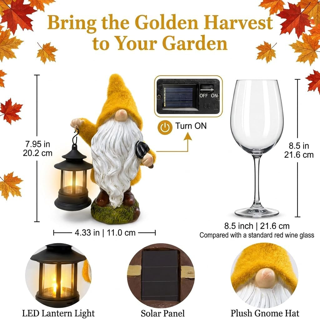 Fall Harvest Gnome Lantern Solar Resin Statue 8"