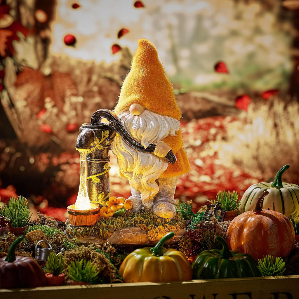 Fall Outdoor Decor Gnome Pump Solar Resin Statue 9"