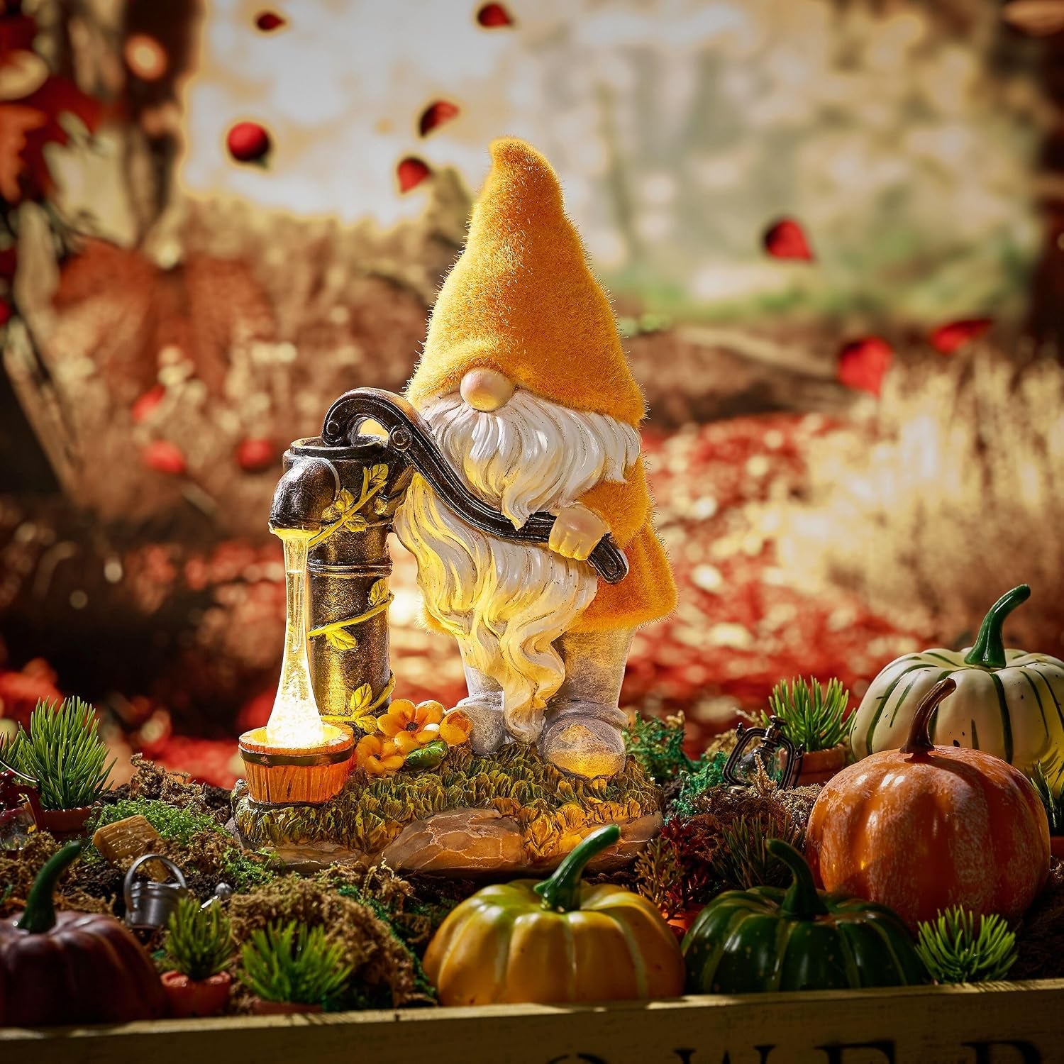 Fall Outdoor Decor Gnome Pump Solar Resin Statue 9"