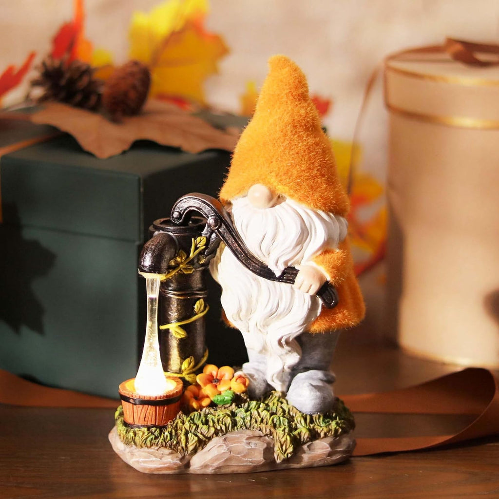 Fall Outdoor Decor Gnome Pump Solar Resin Statue 9"
