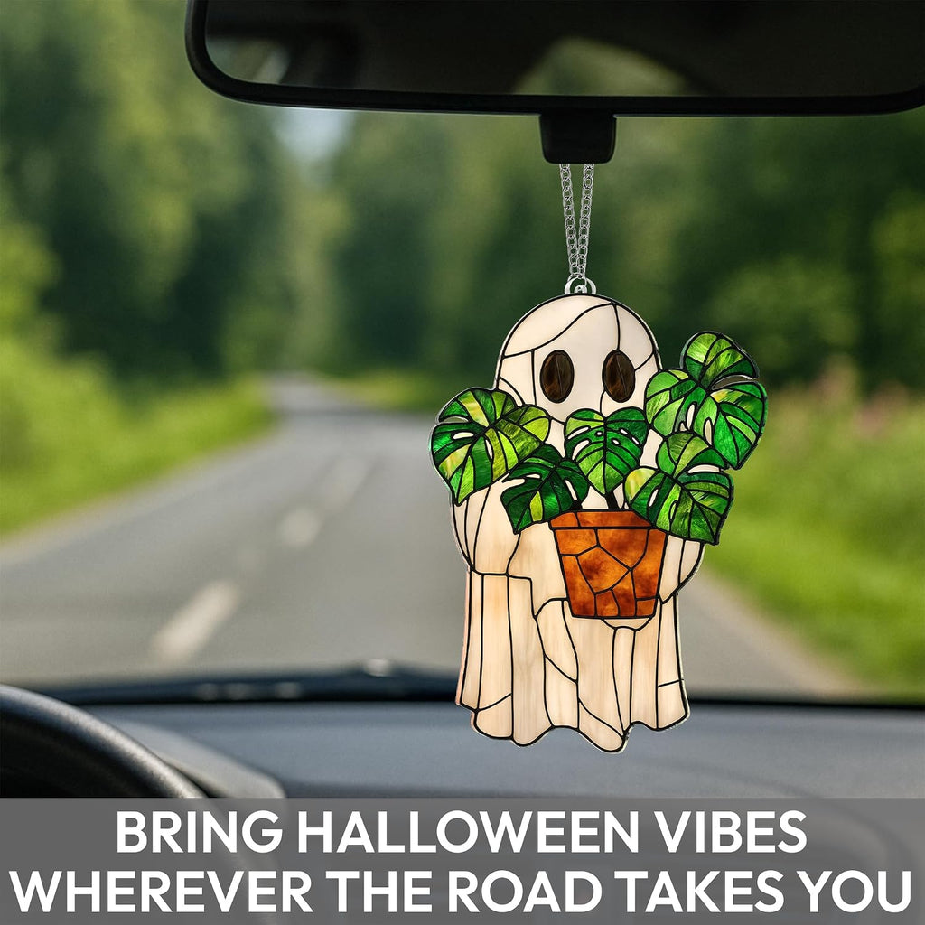 Halloween Stained Glass Ghost Plant Ornament, Suncatcher Decor