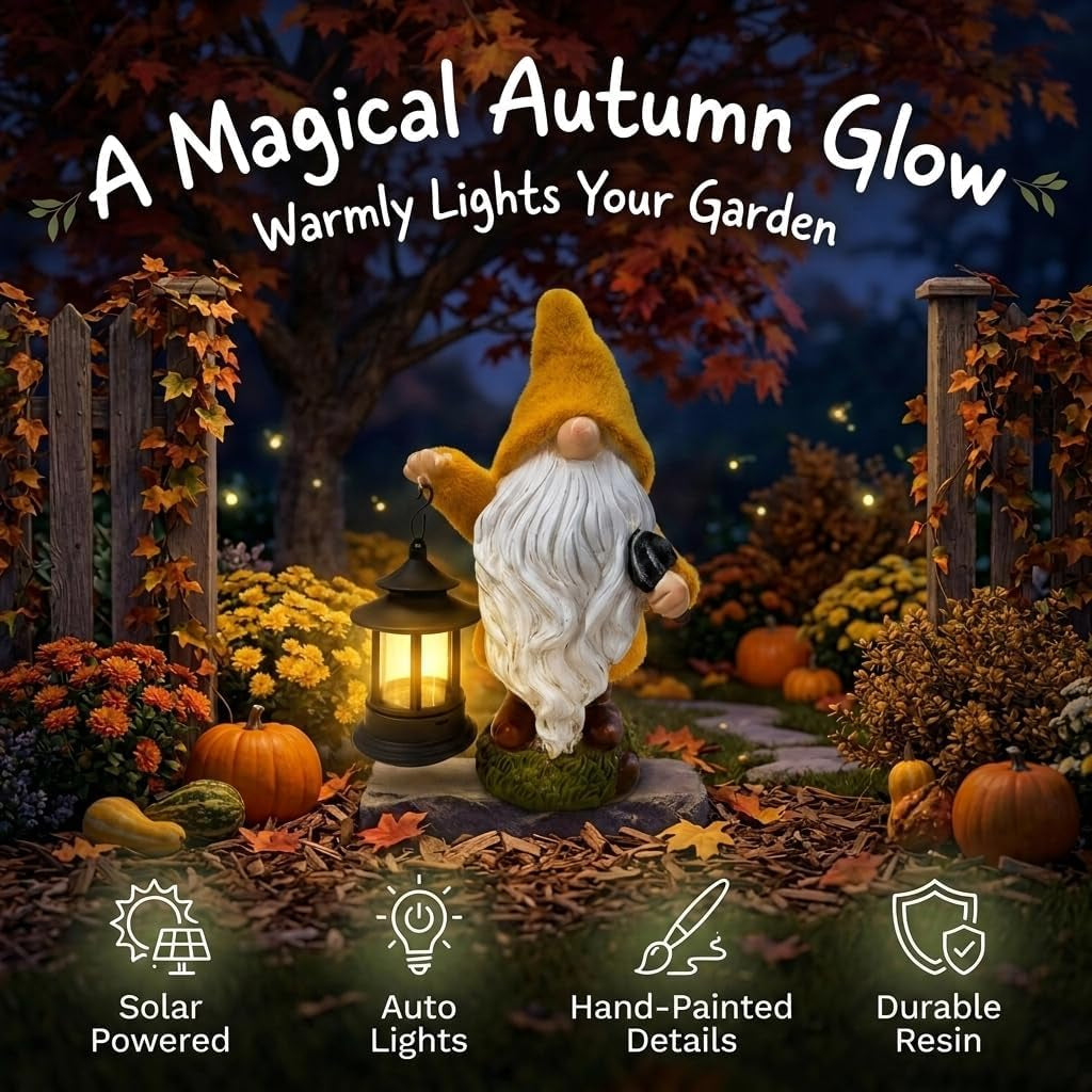 Fall Harvest Gnome Lantern Solar Resin Statue 8"