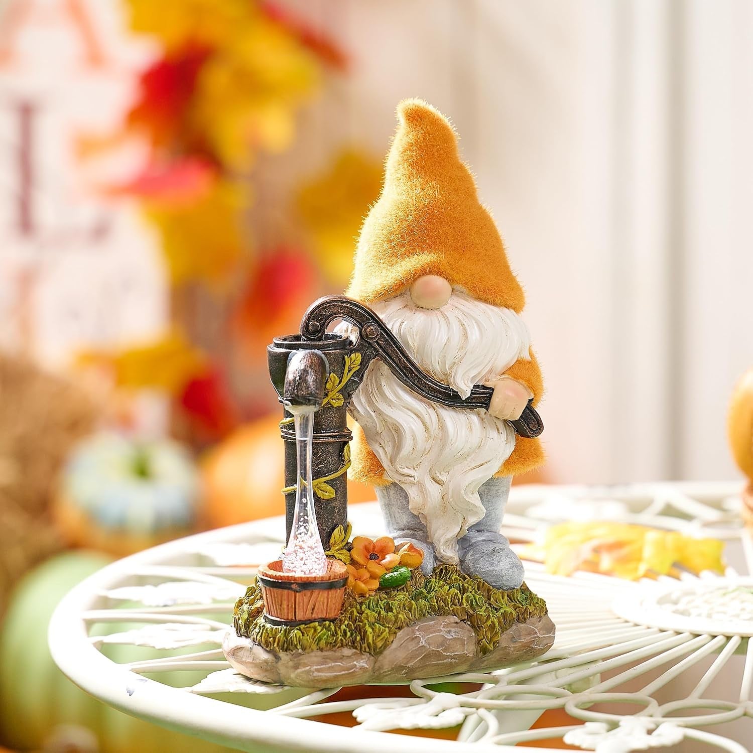 Fall Outdoor Decor Gnome Pump Solar Resin Statue 9"