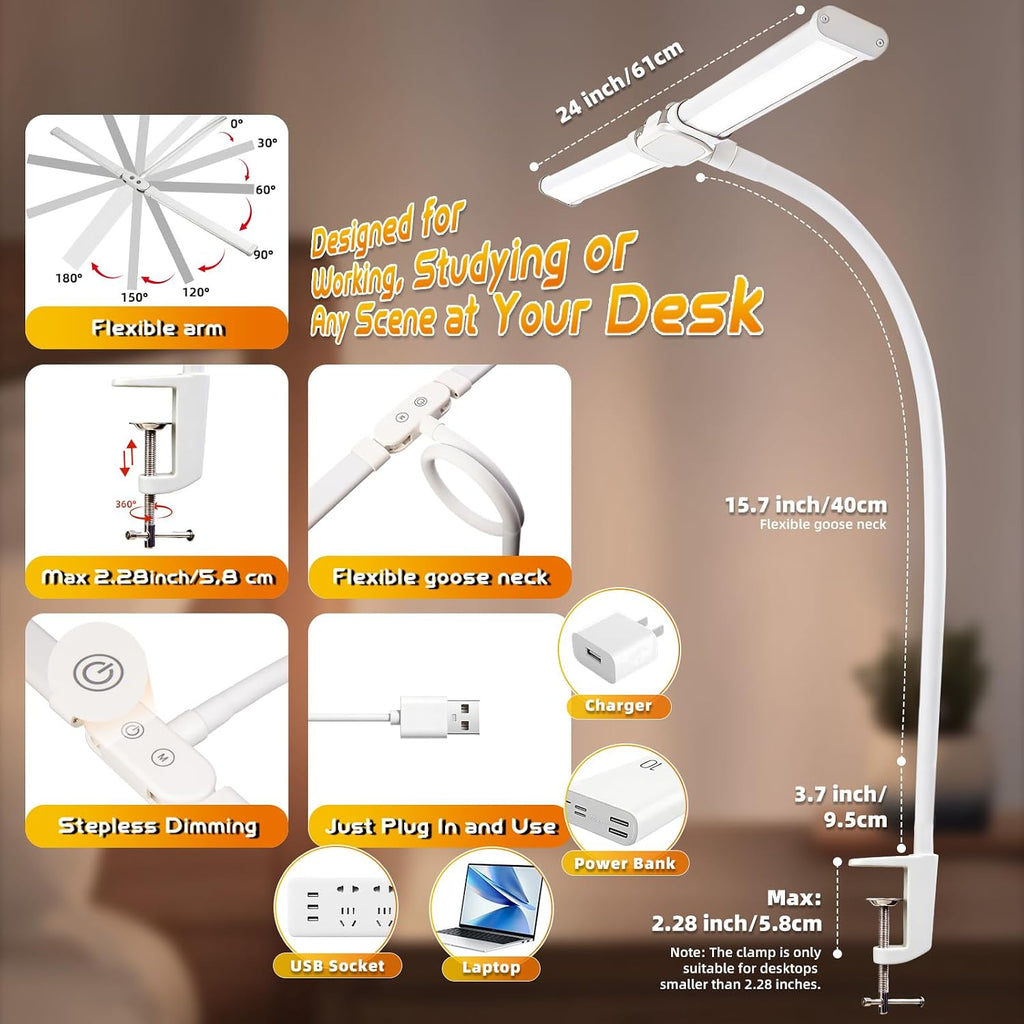 LED Desk Lamp for Office Dorm Home - Eye Caring Desk Light Extra-Wide Lighting Coverage Gooseneck Dimmable Table Lamp, No Assembly Required