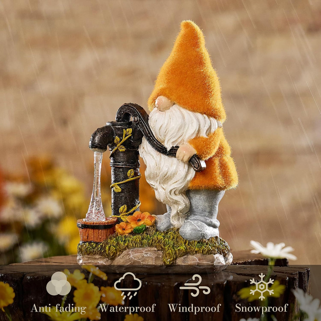 Fall Outdoor Decor Gnome Pump Solar Resin Statue 9"