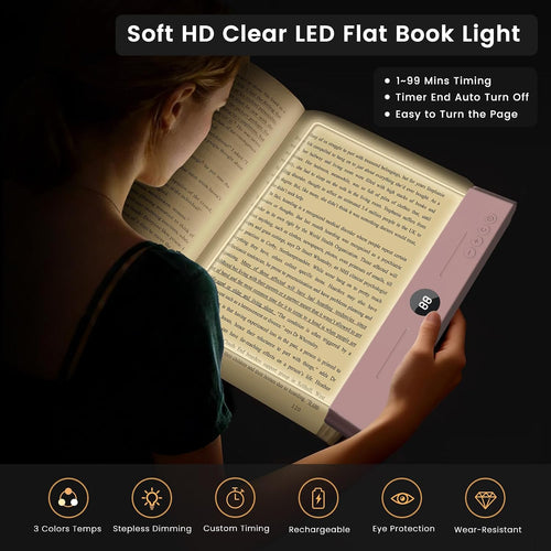Book Light, Rechargeable Reading Light with Eye Protection - 3 Color Temps Timer Dimmable, Book Lights for Reading at Night, Flat Book Lights Gifts for Book Lovers Students Readers (Pink)