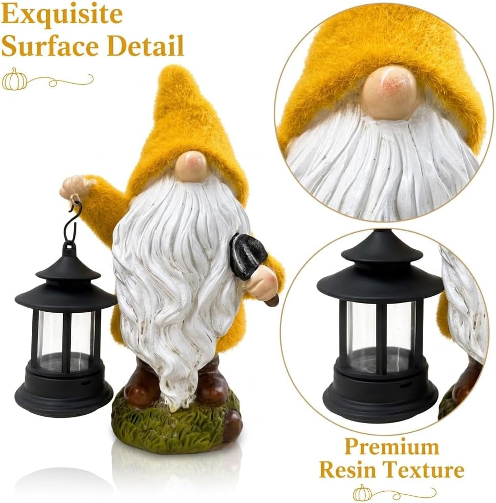 Fall Harvest Gnome Lantern Solar Resin Statue 8"