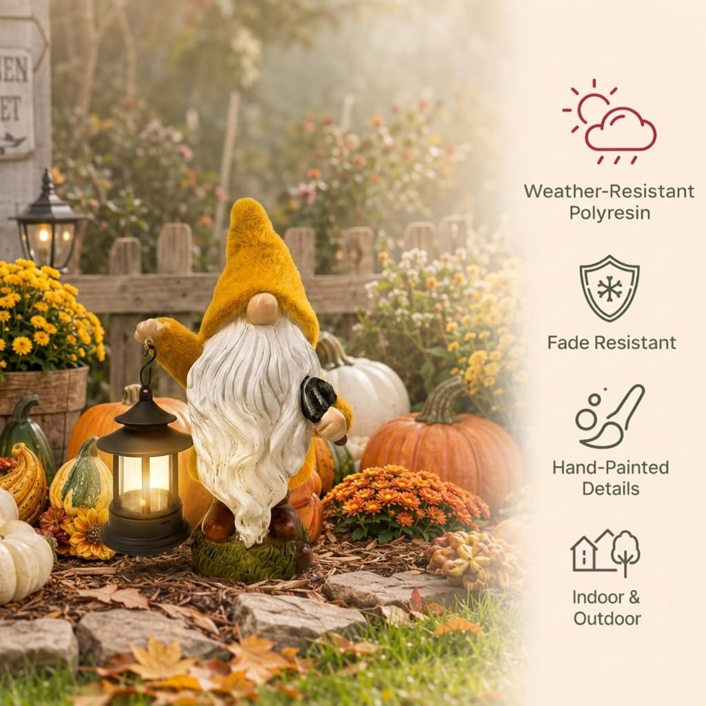 Fall Harvest Gnome Lantern Solar Resin Statue 8"