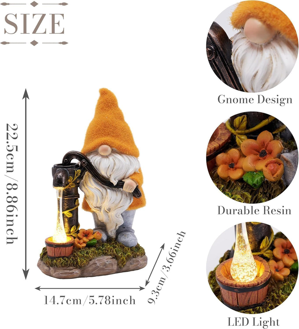 Fall Outdoor Decor Gnome Pump Solar Resin Statue 9"
