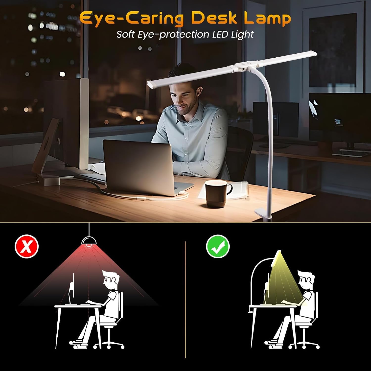 LED Desk Lamp for Office Dorm Home - Eye Caring Desk Light Extra-Wide Lighting Coverage Gooseneck Dimmable Table Lamp, No Assembly Required
