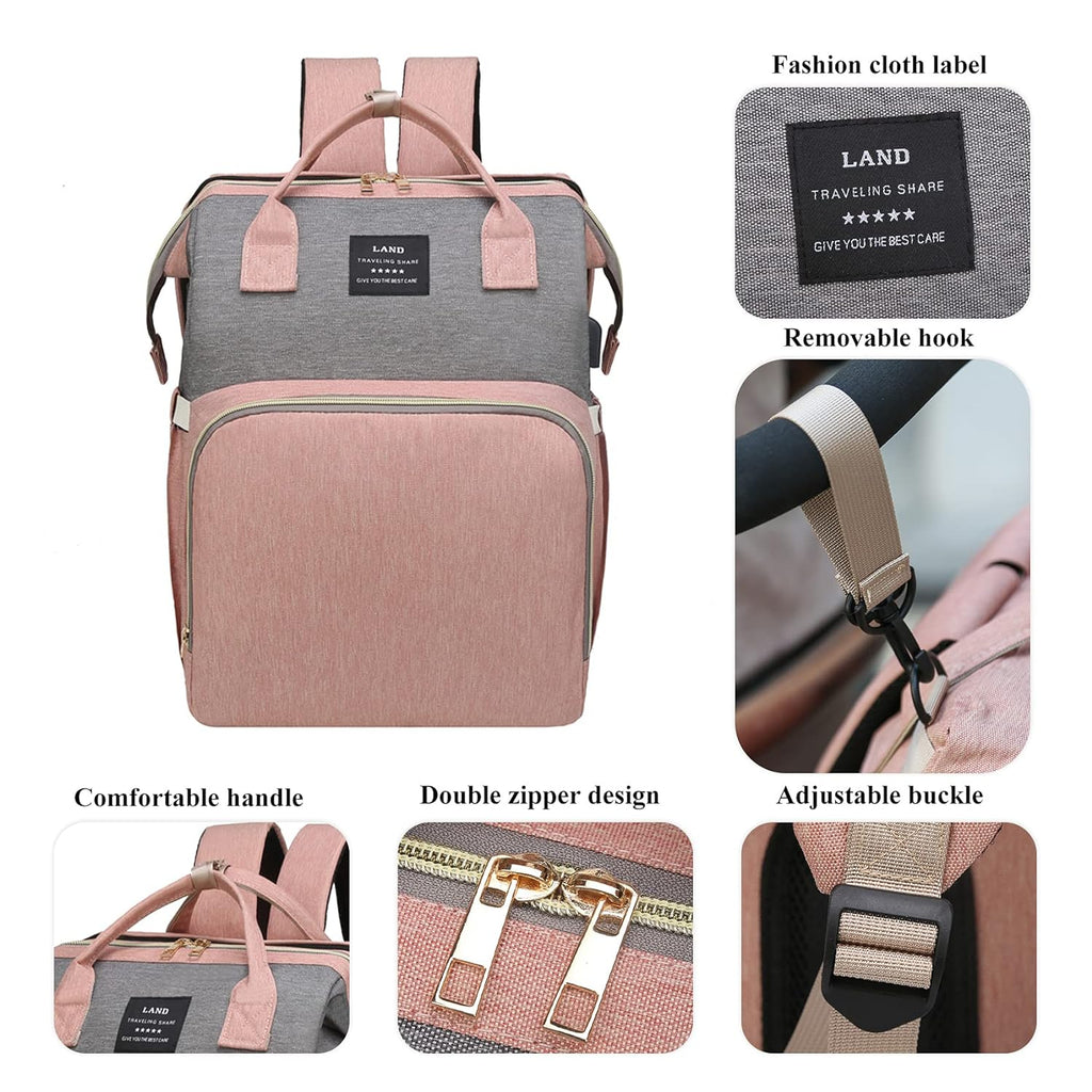 Baby Diaper Bags Backpack with Changing Station(Pink-Grey)