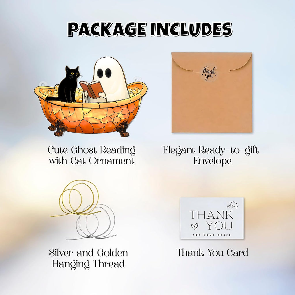 Ghost Suncatcher Halloween Window Decor – Cute Acrylic Ghost Reading in Bathtub with Cat – Spooky Handmade Ornament, Bookish Gift, Small Funny Decoration for Home or Reader Gifts (Style 4)