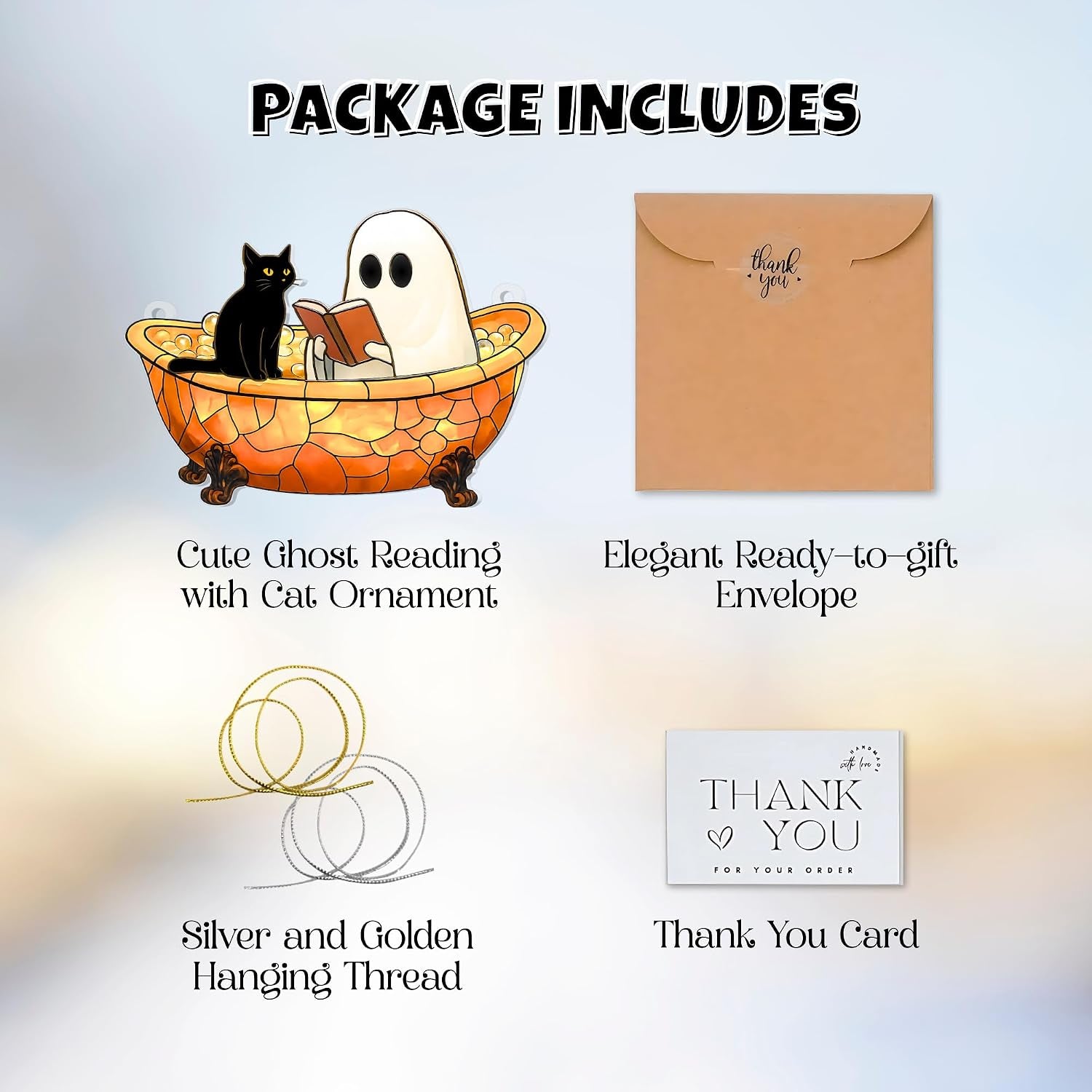 Ghost Suncatcher Halloween Window Decor – Cute Acrylic Ghost Reading in Bathtub with Cat – Spooky Handmade Ornament, Bookish Gift, Small Funny Decoration for Home or Reader Gifts (Style 4)