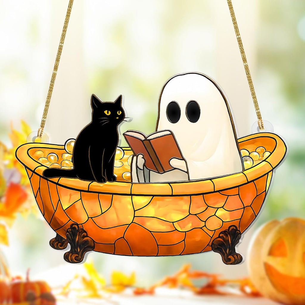 Ghost Suncatcher Halloween Window Decor – Cute Acrylic Ghost Reading in Bathtub with Cat – Spooky Handmade Ornament, Bookish Gift, Small Funny Decoration for Home or Reader Gifts (Style 4)