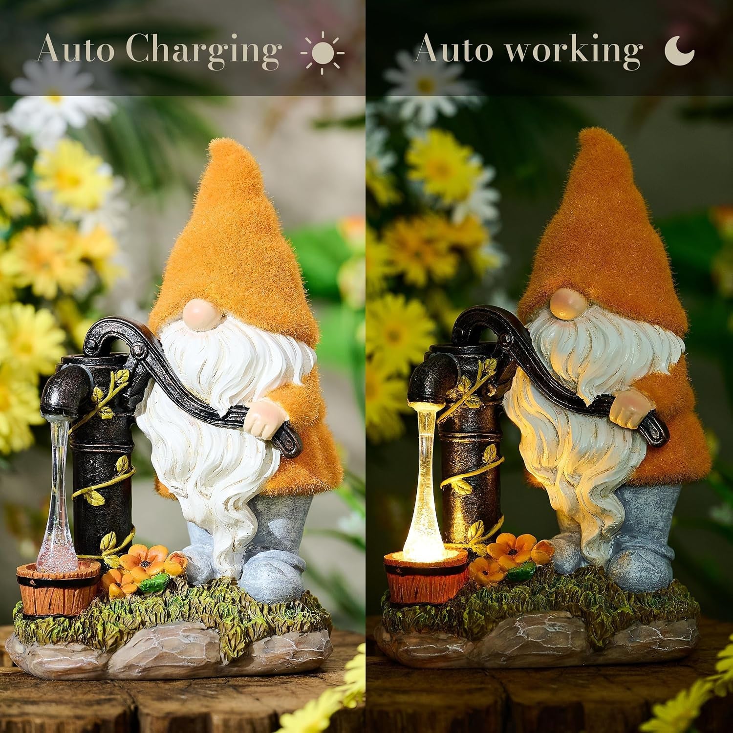 Fall Outdoor Decor Gnome Pump Solar Resin Statue 9"
