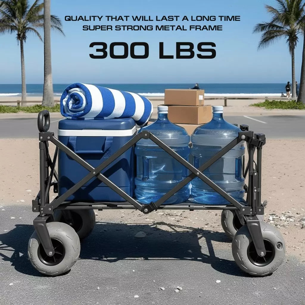 Beach Wagon Cart with Big Wheels – Foldable Utility Wagon Black