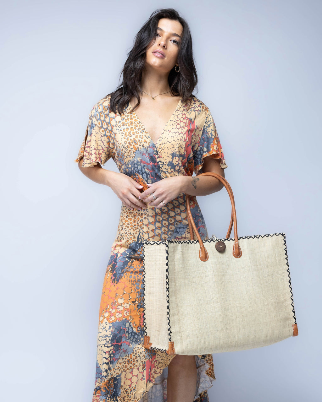 Zafran Solid Color Raffia Straw Beach Bag - 3 Sizes