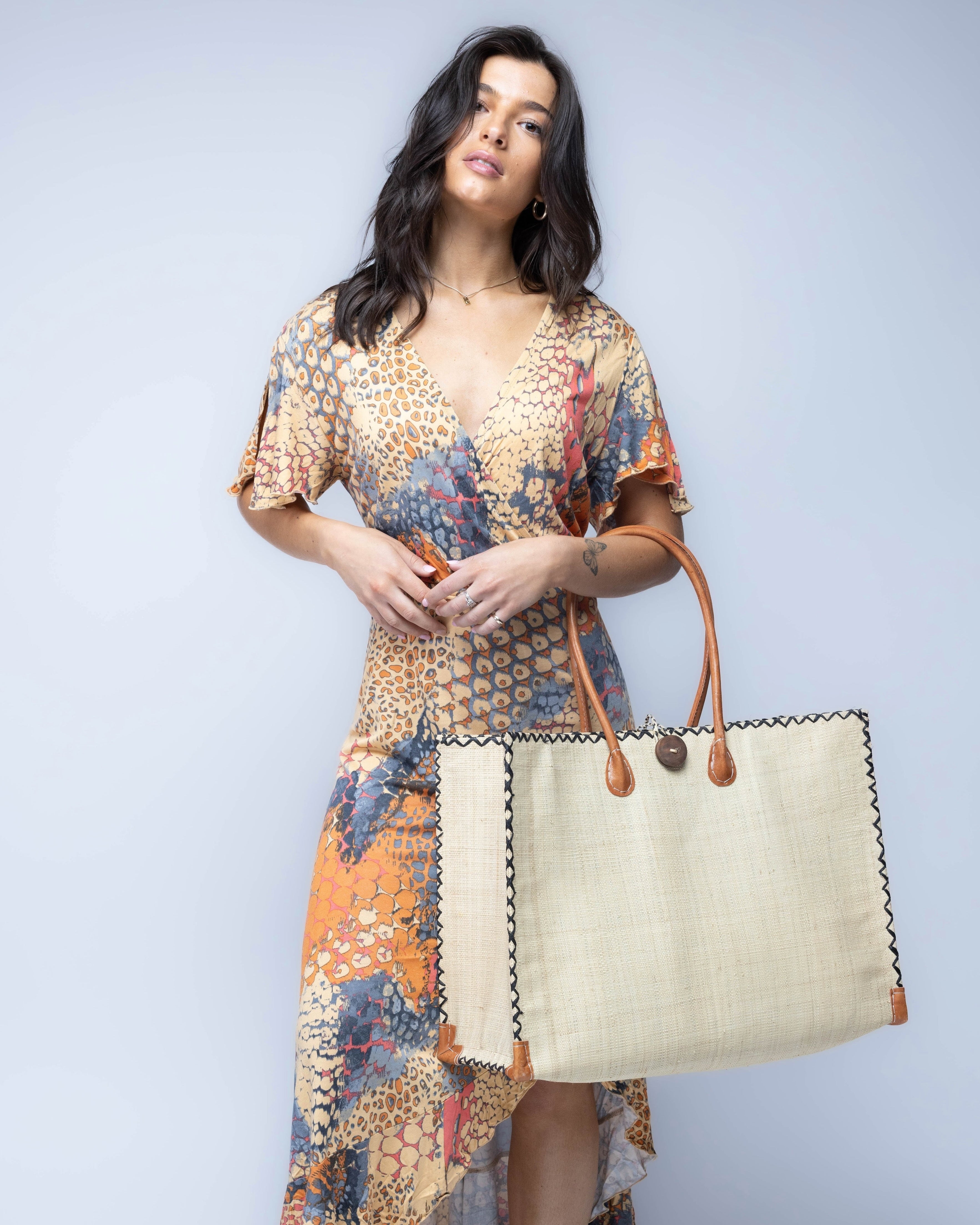 Zafran Solid Color Raffia Straw Beach Bag - 3 Sizes