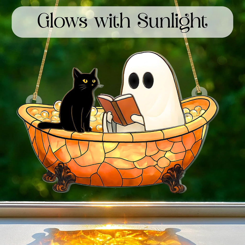 Ghost Suncatcher Halloween Window Decor – Cute Acrylic Ghost Reading in Bathtub with Cat – Spooky Handmade Ornament, Bookish Gift, Small Funny Decoration for Home or Reader Gifts (Style 4)