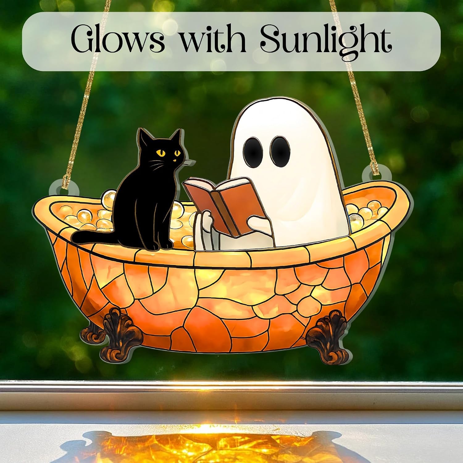 Ghost Suncatcher Halloween Window Decor – Cute Acrylic Ghost Reading in Bathtub with Cat – Spooky Handmade Ornament, Bookish Gift, Small Funny Decoration for Home or Reader Gifts (Style 4)