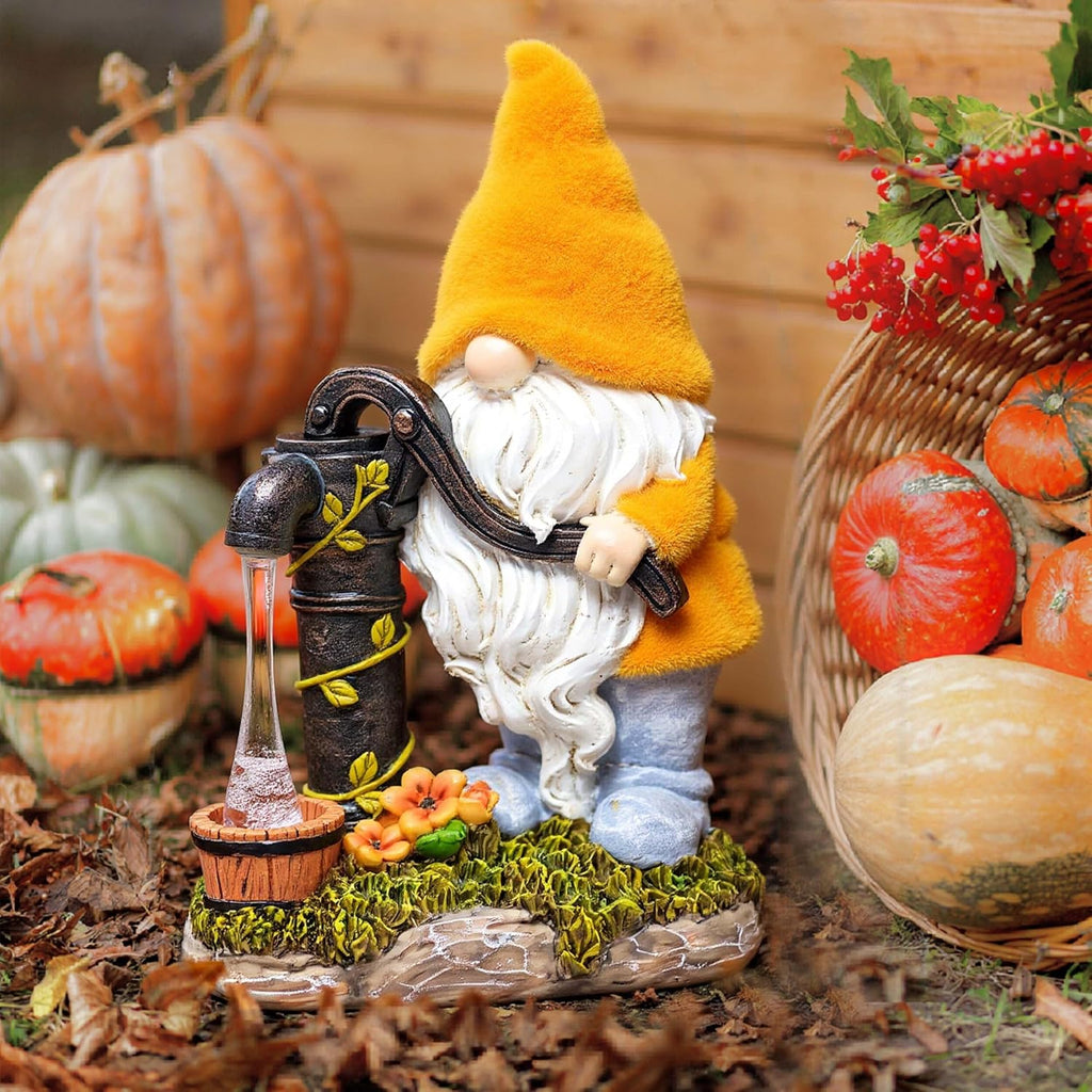 Fall Outdoor Decor Gnome Pump Solar Resin Statue 9"