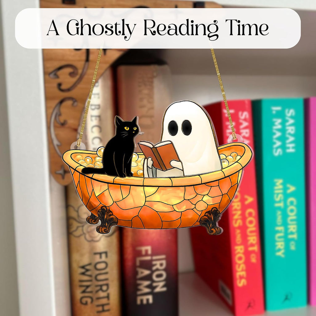 Ghost Suncatcher Halloween Window Decor – Cute Acrylic Ghost Reading in Bathtub with Cat – Spooky Handmade Ornament, Bookish Gift, Small Funny Decoration for Home or Reader Gifts (Style 4)