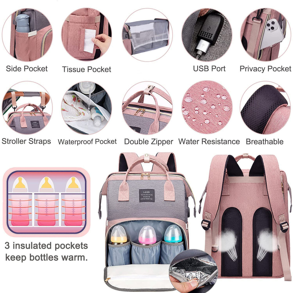 Baby Diaper Bags Backpack with Changing Station(Pink-Grey)