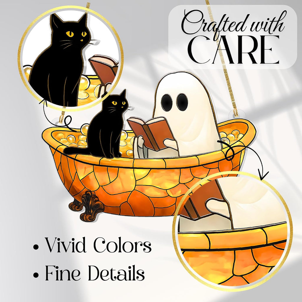 Ghost Suncatcher Halloween Window Decor – Cute Acrylic Ghost Reading in Bathtub with Cat – Spooky Handmade Ornament, Bookish Gift, Small Funny Decoration for Home or Reader Gifts (Style 4)