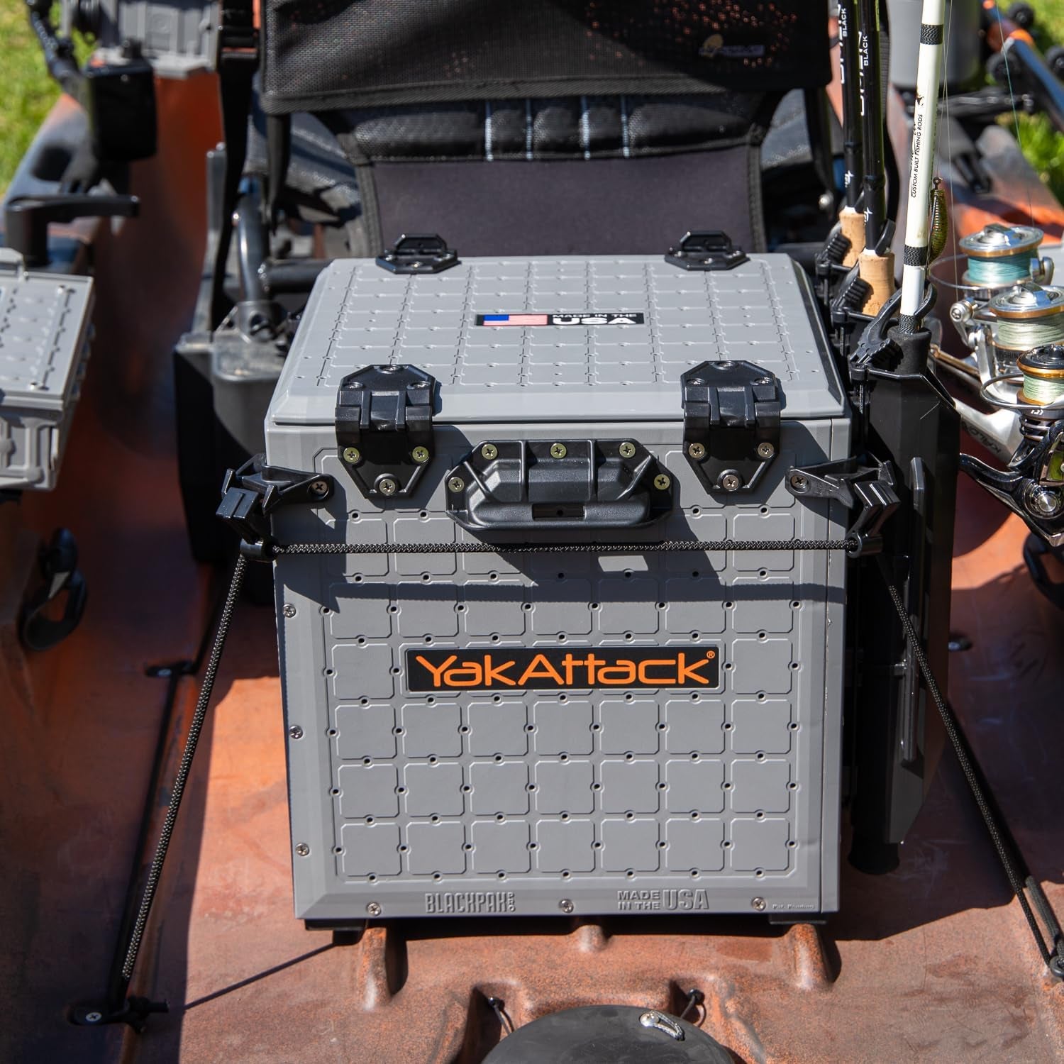 Blackpak Pro 13" X 13" Fishing Crate with 3 Rod Holders - Battleship Grey | Compact Tackle Storage Box & Gear Organizer for Kayaks | Lightweight, Durable & Customizable Marine Accessory