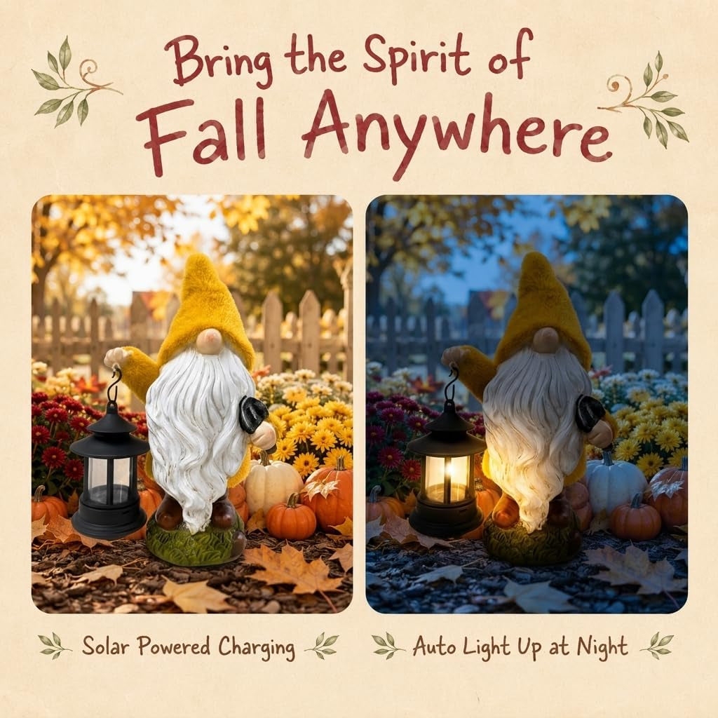 Fall Harvest Gnome Lantern Solar Resin Statue 8"