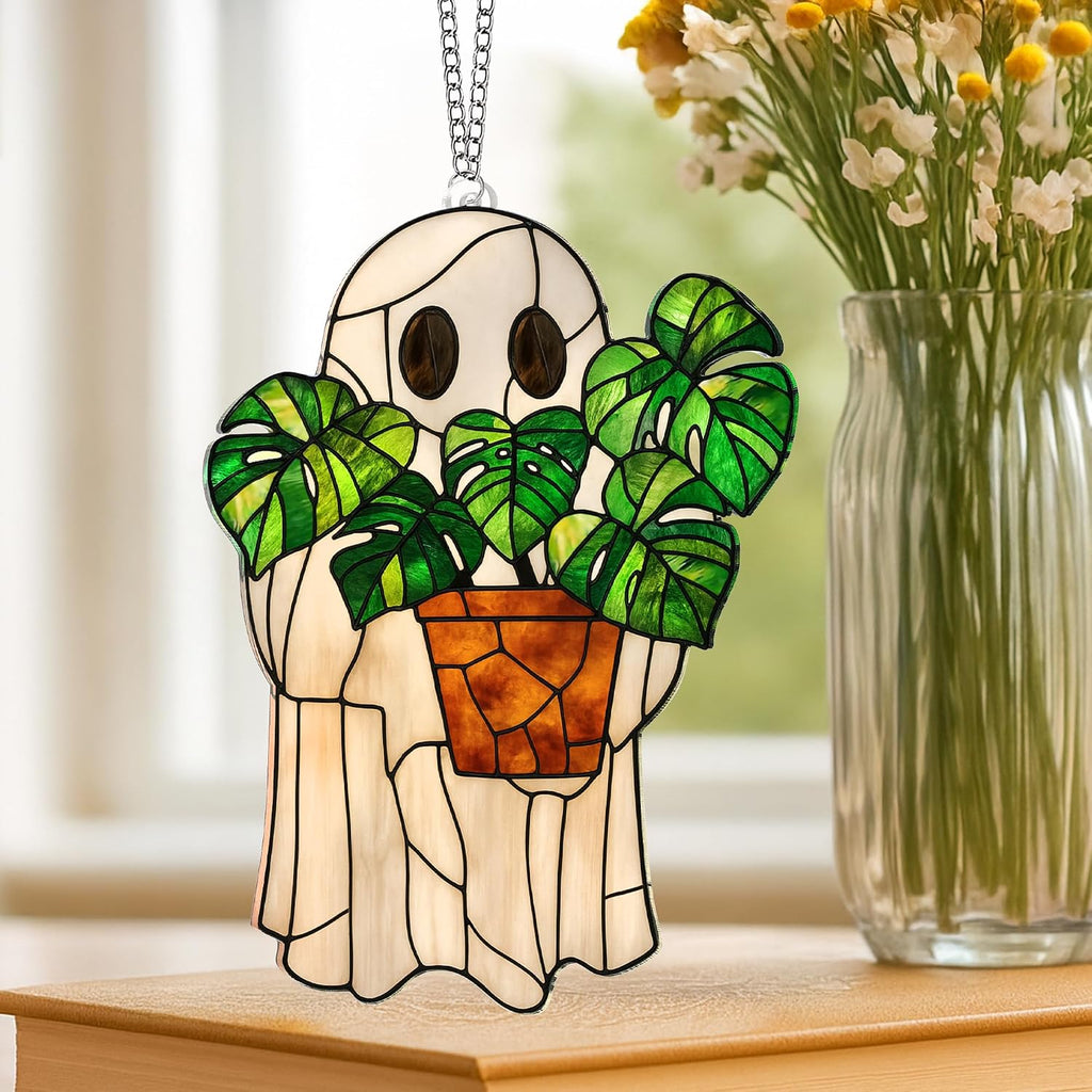Halloween Stained Glass Ghost Plant Ornament, Suncatcher Decor