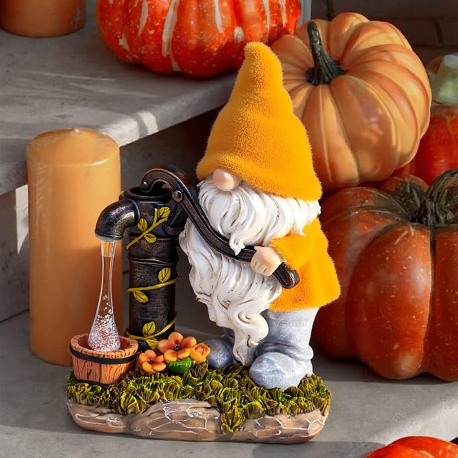 Fall Outdoor Decor Gnome Pump Solar Resin Statue 9"