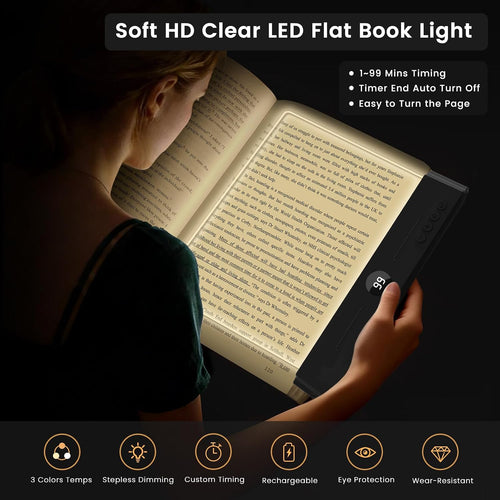 Book Light, Rechargeable Reading Light with Eye Protection - 3 Color Temps Timer Dimmable, Book Lights for Reading at Night, Flat Book Lights Gifts for Book Lovers Students Readers (Black)