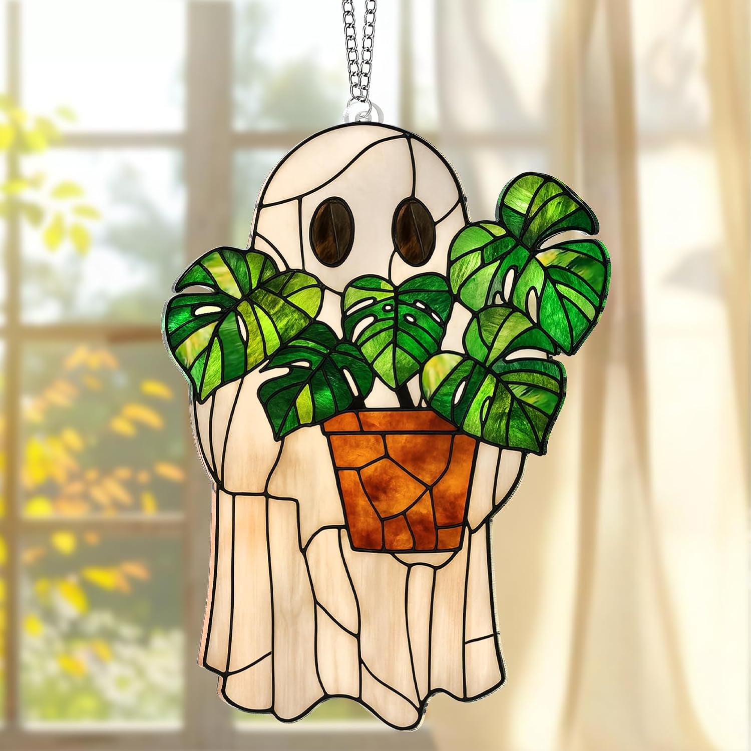 Halloween Stained Glass Ghost Plant Ornament, Suncatcher Decor